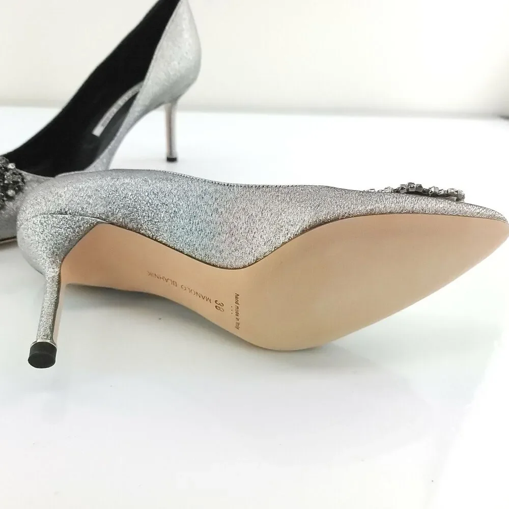 Manolo Blahnik Metallic Silver Hangisi 80 mm Notturno SZ 38 Pointy Glitter $1085